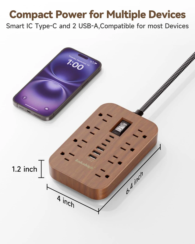 Alt view image 2 of 7 - Walnut Power Strip with USB Ports - 5 FT | 1625W Wood Power Strip with 8 AC Outlet 6 USB, For Brown Tan Wood Walnut Grain Aesthetic Vintage Rustic Desk Decor