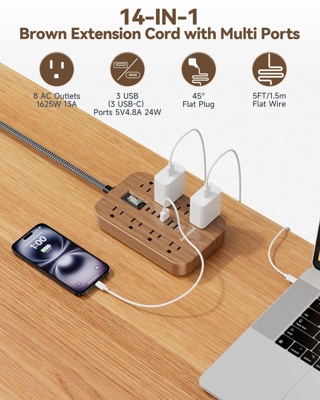 Alt view image 3 of 7 - Walnut Power Strip with USB Ports - 5 FT | 1625W Wood Power Strip with 8 AC Outlet 6 USB, For Brown Tan Wood Walnut Grain Aesthetic Vintage Rustic Desk Decor