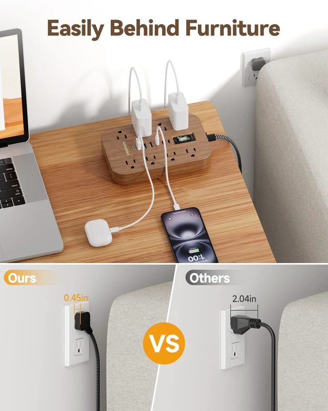 Alt view image 4 of 7 - Walnut Power Strip with USB Ports - 5 FT | 1625W Wood Power Strip with 8 AC Outlet 6 USB, For Brown Tan Wood Walnut Grain Aesthetic Vintage Rustic Desk Decor