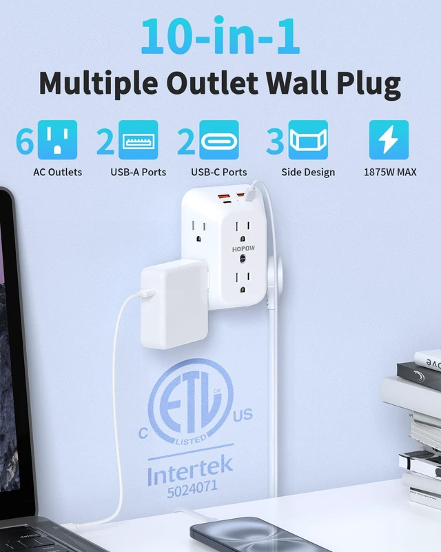 Alt view image 2 of 7 - Outlet Extender, 6 Outlets, 2A2C, 1050J, USB Wall Charger, 1875W/15A | ETL Listed, 3-Sided Surge Protector, Mountable, 1.9in Wide Spaced, Multi Plug Wall Outlet for Home Office Travel, White