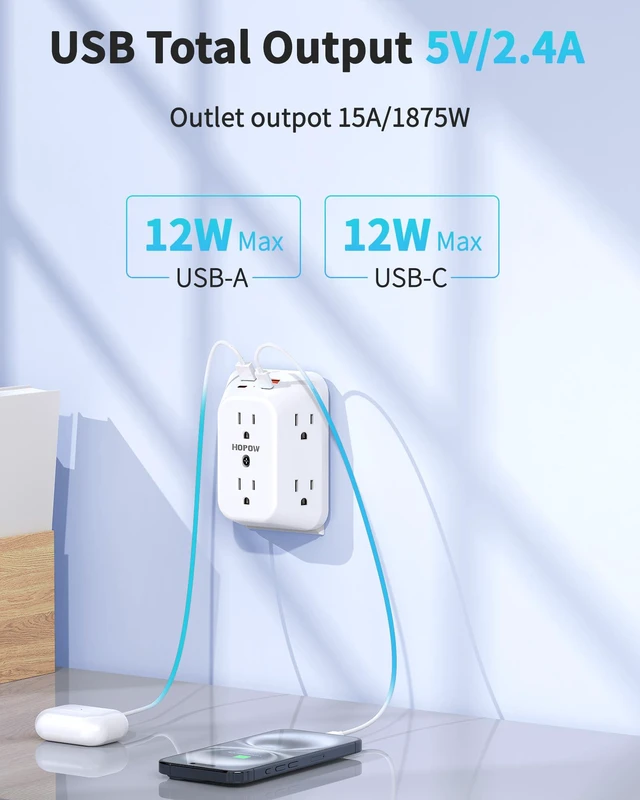 Alt view image 4 of 7 - Outlet Extender, 6 Outlets, 2A2C, 1050J, USB Wall Charger, 1875W/15A | ETL Listed, 3-Sided Surge Protector, Mountable, 1.9in Wide Spaced, Multi Plug Wall Outlet for Home Office Travel, White