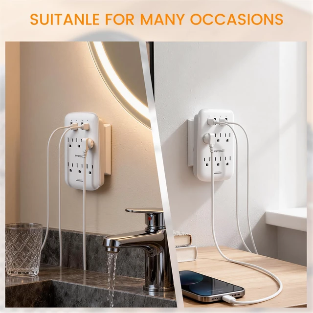 Alt view image 5 of 6 - 6 Outlet Extender with 4 USB Charging Ports(4.2A Total),Wall Mount Outlet Plugs 900 Joules Wall Surge Protector and Top Phone Holder,ETL Listed,White.