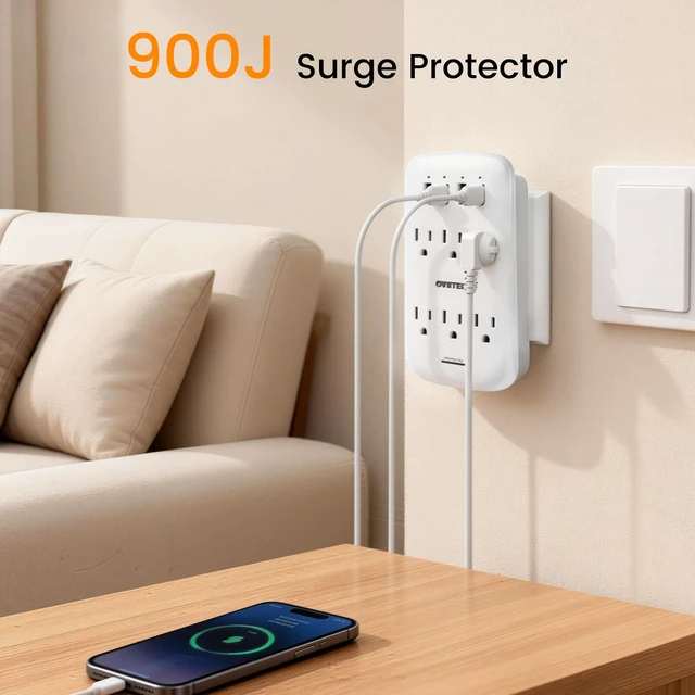 Alt view image 4 of 6 - 6 Outlet Extender with 4 USB Charging Ports(4.2A Total),Wall Mount Outlet Plugs 900 Joules Wall Surge Protector and Top Phone Holder,ETL Listed,White.