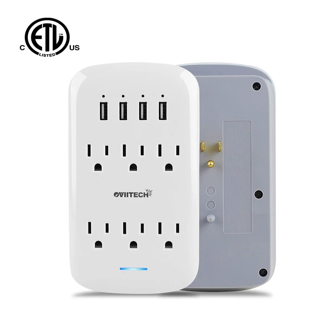 Alt view image 6 of 6 - 6 Outlet Extender with 4 USB Charging Ports(4.2A Total),Wall Mount Outlet Plugs 900 Joules Wall Surge Protector and Top Phone Holder,ETL Listed,White.