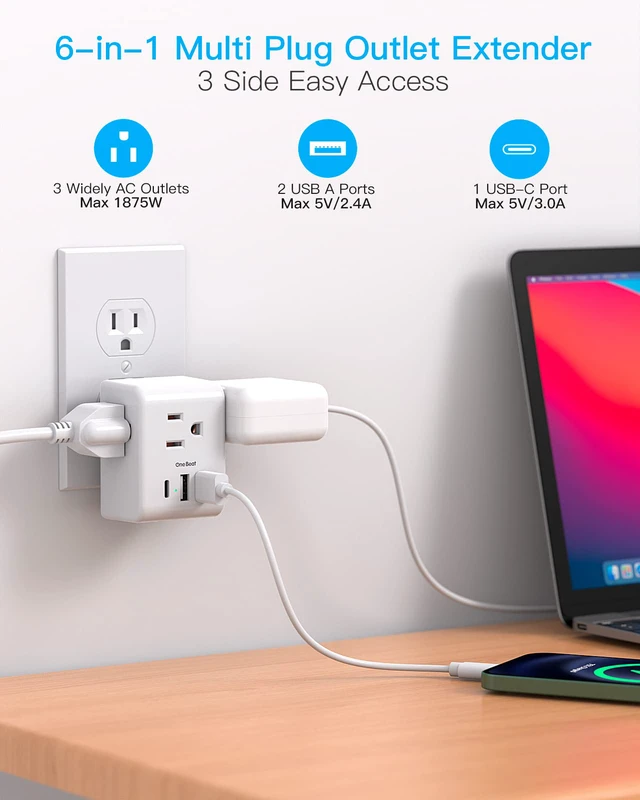 Alt view image 2 of 7 - Multi Plug Outlet Extender, Power Strip Non Surge Protector Electric Outlet Splitter with 3 USB Wall Charger (1 USB C), Multiple Outlet Expander for Cruise, Dorm, Travel, Home, Office