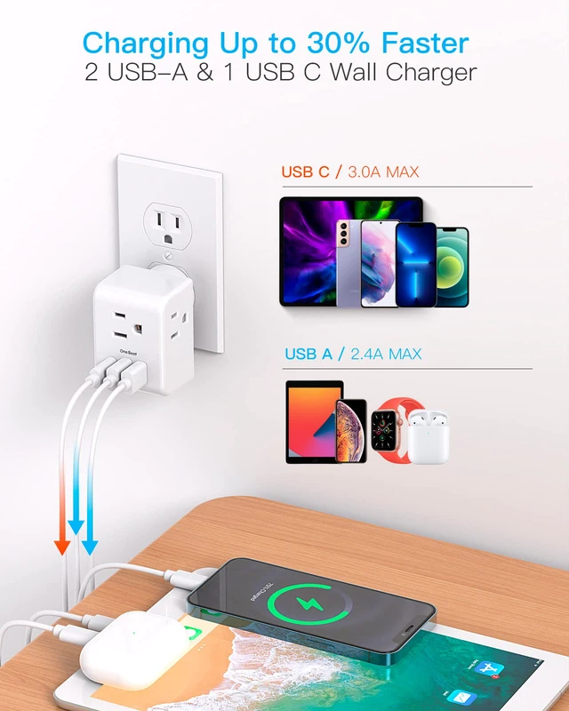 Alt view image 3 of 7 - Multi Plug Outlet Extender, Power Strip Non Surge Protector Electric Outlet Splitter with 3 USB Wall Charger (1 USB C), Multiple Outlet Expander for Cruise, Dorm, Travel, Home, Office