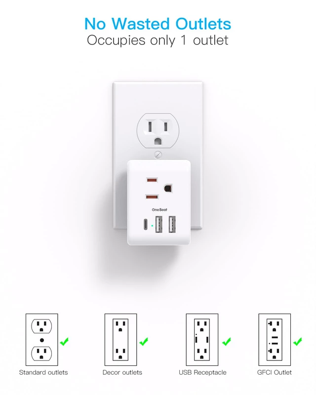 Alt view image 6 of 7 - Multi Plug Outlet Extender, Power Strip Non Surge Protector Electric Outlet Splitter with 3 USB Wall Charger (1 USB C), Multiple Outlet Expander for Cruise, Dorm, Travel, Home, Office