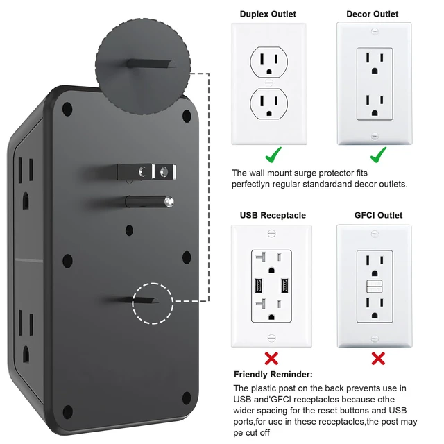 Alt view image 5 of 7 - Outlet Extender Surge Protector - 6 Outlet Splitter with 4 USB Ports (2 USB C), Multiple Plug Expander Wall Charger, 3 Sided Multi Plug Wall Adapter Power Strip for Home Office Travel-ETL