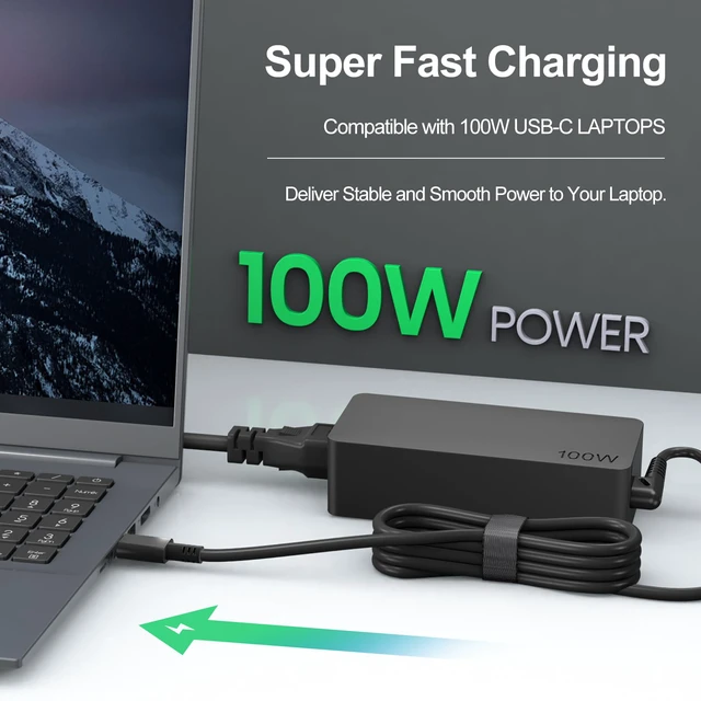Alt view image 2 of 7 - MacBook Pro Charger, 100W USB C Charger Compatible with MacBook Pro/Air, Lenovo,Dell,HP,Samsung and All Type C Device