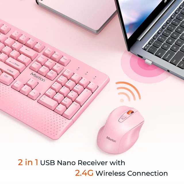 Alt view image 2 of 7 - Wireless Keyboard and Mouse Combo, Full-Size with Wrist Rest, Pink | 2.4GHz USB receiver, 3 adjustable DPI mouse, comfortable typing, compatible with Windows, Mac, PCs and laptops