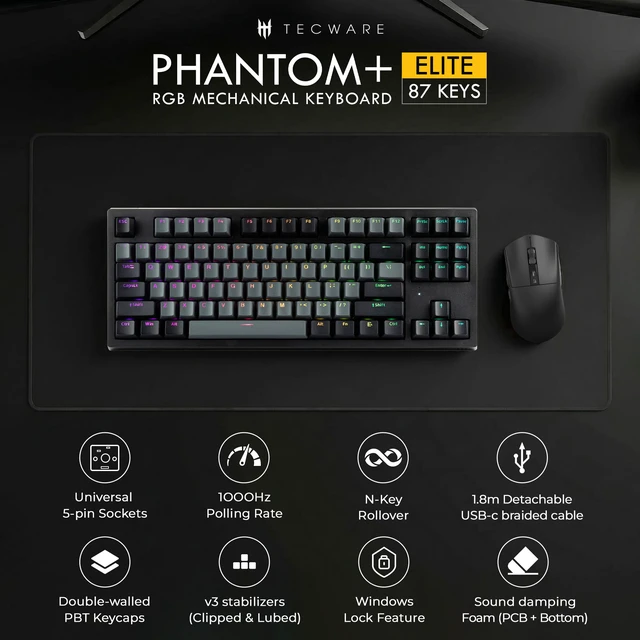 Alt view image 2 of 7 - Phantom+ Elite 87 Key RGB Mechanical Gaming Keyboard | 3 Mode Wireless Bluetooth 5.0 2.4GHz & USB C Wired | Hot Swappable 5 Pin | Double Shot PBT Keycaps | Wraith Red Switch - Black