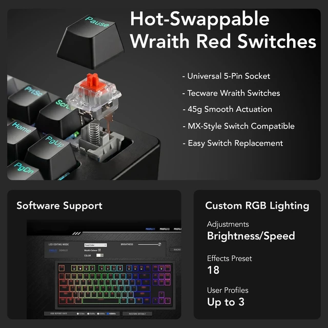 Alt view image 5 of 7 - Phantom+ Elite 87 Key RGB Mechanical Gaming Keyboard | 3 Mode Wireless Bluetooth 5.0 2.4GHz & USB C Wired | Hot Swappable 5 Pin | Double Shot PBT Keycaps | Wraith Red Switch - Black
