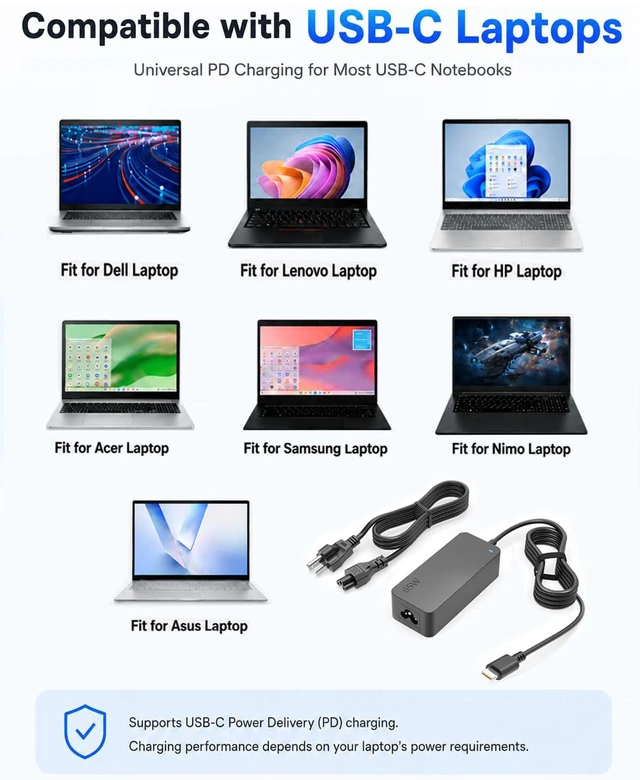 Alt view image 2 of 7 - Universal 65W USB-C Laptop Charger, Type-C Power Adapter for All, UL Listed | Compatible with Dell Chromebook Latitude Series, compatible with Lenovo, HP, Asus, Acer, Samsung, Nimo Laptop and more