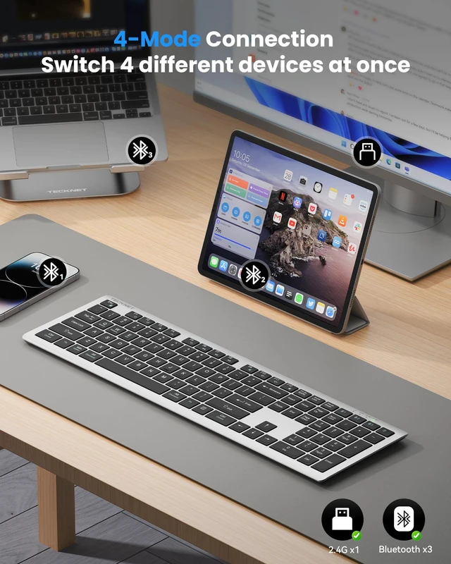 Alt view image 2 of 7 - Bluetooth Keyboard Rechargeable 4-Device (2.4G+BT) Free Switching | Multi-device Connection, Ultra-Slim, Numeric Pad, Quiet Full Size Wireless Keyboard for PC/Laptop/Smart TV/Phone, 12 Hot Keys