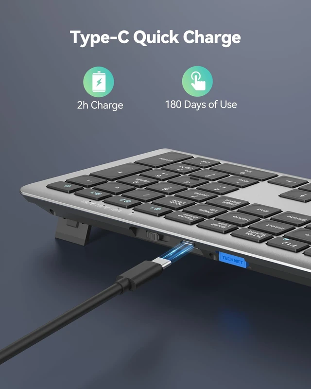 Alt view image 3 of 7 - Bluetooth Keyboard Rechargeable 4-Device (2.4G+BT) Free Switching | Multi-device Connection, Ultra-Slim, Numeric Pad, Quiet Full Size Wireless Keyboard for PC/Laptop/Smart TV/Phone, 12 Hot Keys