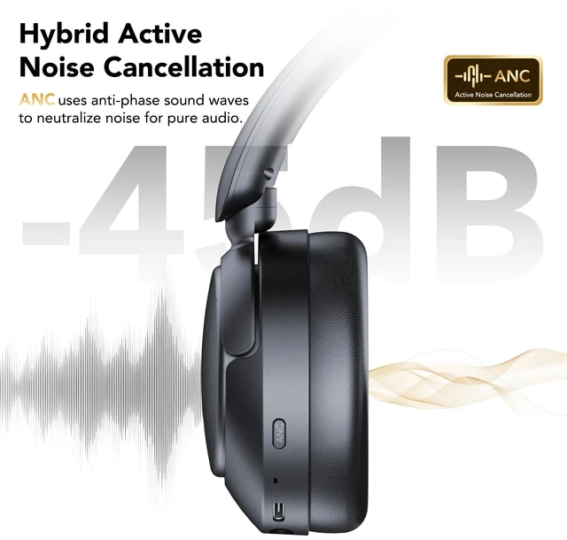 Alt view image 2 of 7 - Hybrid Active Noise Cancelling Bluetooth Headphones, Wireless Over Ear Headphones with Bluetooth 5.4, 80H Playtime, Stereo Sound, 6 ENC Clear Call Mic, Low Latency for Travel Office Workout