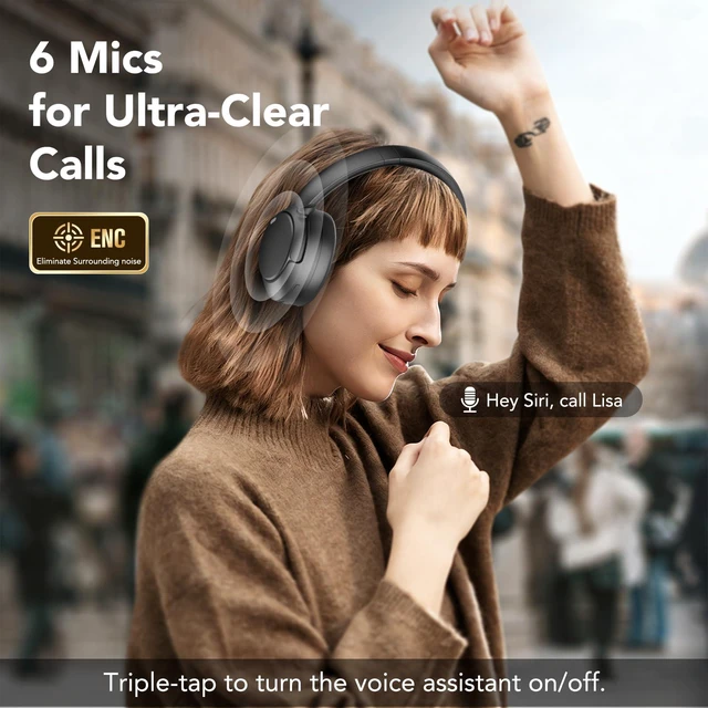 Alt view image 5 of 7 - Hybrid Active Noise Cancelling Bluetooth Headphones, Wireless Over Ear Headphones with Bluetooth 5.4, 80H Playtime, Stereo Sound, 6 ENC Clear Call Mic, Low Latency for Travel Office Workout