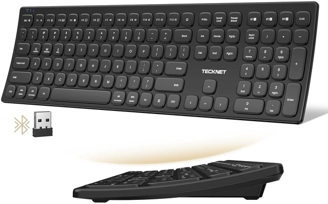 Main image of Bluetooth Wireless Rechargeable Keyboard with BT5.0, 2.4G & Wired | Ergonomic Multi Device Keyboard, Quiet Full Size with Numpad, Stable Connection for Mac, iPad, PC Desktop, Android, Windows