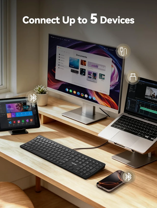Alt view image 2 of 7 - Bluetooth Wireless Rechargeable Keyboard with BT5.0, 2.4G & Wired | Ergonomic Multi Device Keyboard, Quiet Full Size with Numpad, Stable Connection for Mac, iPad, PC Desktop, Android, Windows