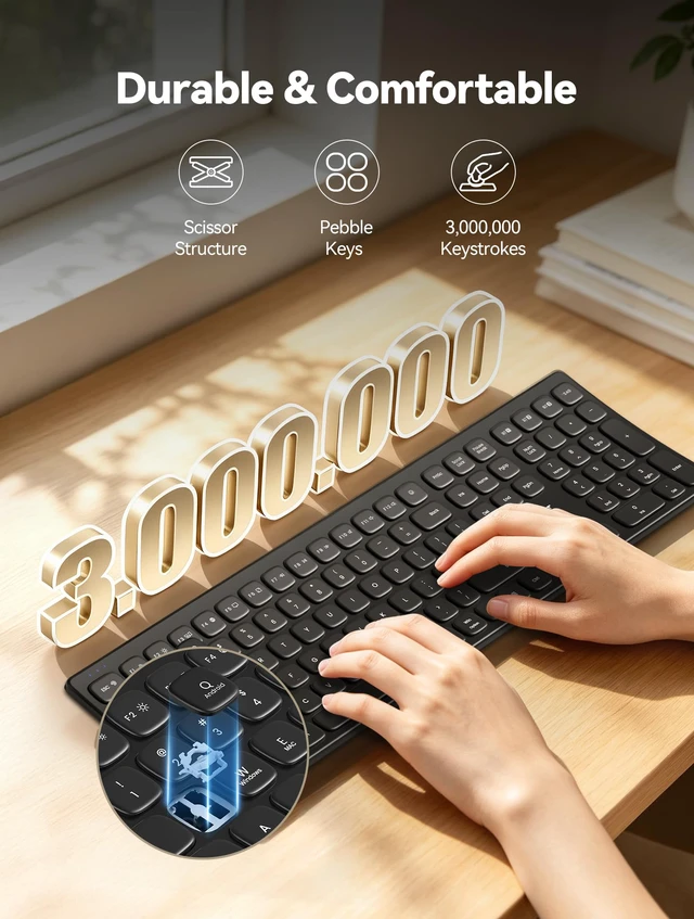 Alt view image 4 of 7 - Bluetooth Wireless Rechargeable Keyboard with BT5.0, 2.4G & Wired | Ergonomic Multi Device Keyboard, Quiet Full Size with Numpad, Stable Connection for Mac, iPad, PC Desktop, Android, Windows