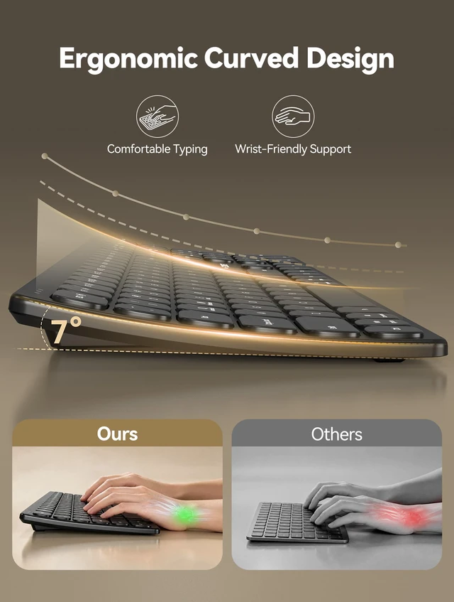 Alt view image 5 of 7 - Bluetooth Wireless Rechargeable Keyboard with BT5.0, 2.4G & Wired | Ergonomic Multi Device Keyboard, Quiet Full Size with Numpad, Stable Connection for Mac, iPad, PC Desktop, Android, Windows