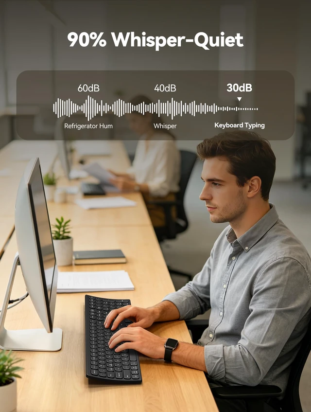 Alt view image 6 of 7 - Bluetooth Wireless Rechargeable Keyboard with BT5.0, 2.4G & Wired | Ergonomic Multi Device Keyboard, Quiet Full Size with Numpad, Stable Connection for Mac, iPad, PC Desktop, Android, Windows