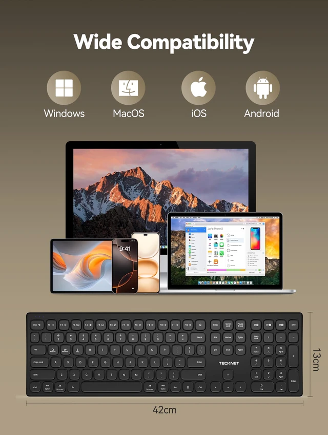 Alt view image 7 of 7 - Bluetooth Wireless Rechargeable Keyboard with BT5.0, 2.4G & Wired | Ergonomic Multi Device Keyboard, Quiet Full Size with Numpad, Stable Connection for Mac, iPad, PC Desktop, Android, Windows