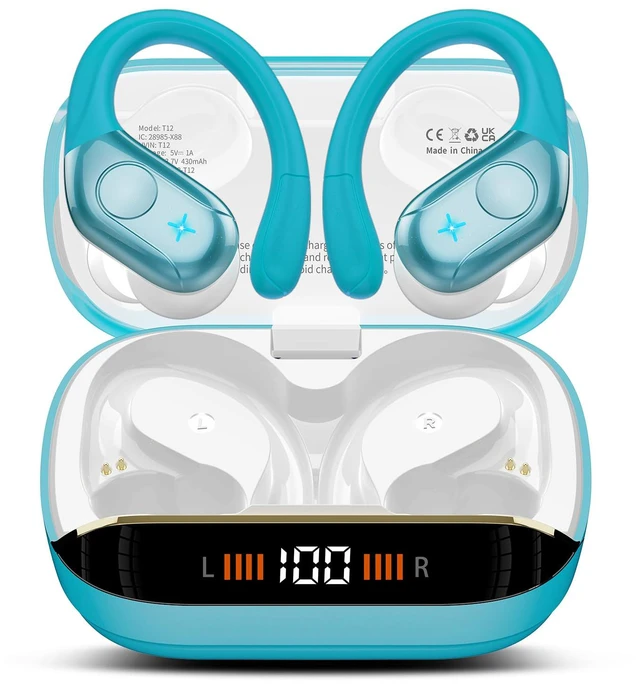 Main image of Earbuds Bluetooth 5.4 Headphones Stereo 75H Sports Wireless, Blue | Over Ear Buds with Earhooks, LED Display Bluetooth Earbuds with 4 ENC Mic, IP7 Waterproof Earphone for Running