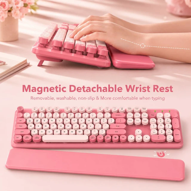 Alt view image 2 of 7 - Wireless Keyboard and Mouse Combo, Round Keycaps, Magnetic Wrist Rest, Pink | Full-Size Retro Typewriter-Style Keyboard, Auto Sleep, 2.4GHz Cordless for MacOS, Windows PC, Laptop