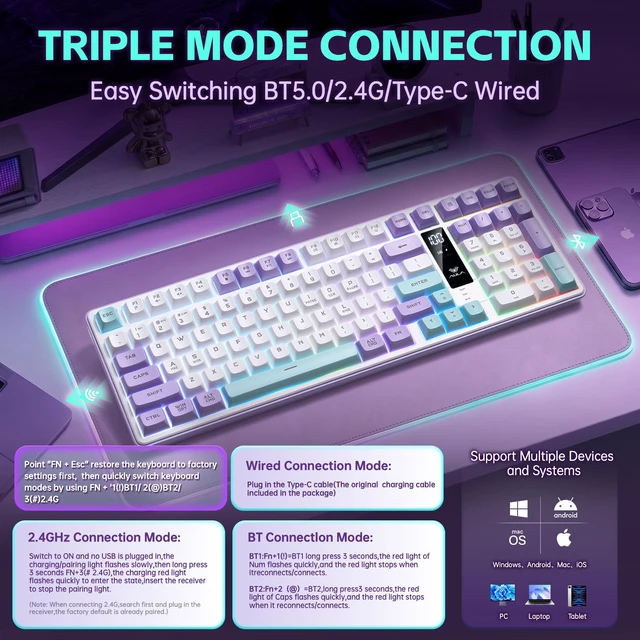 Alt view image 2 of 7 - Aula S99pro V2 Wireless Gaming Keyboard,Silent Computer Creamy Keyboard | Membrane Purple Keyboard with Number Pad,Tri-Mode Bluetooth/2.4GHz/USB-C,16.8mil RGB Backlit,Media Digital Screen,4000mAh