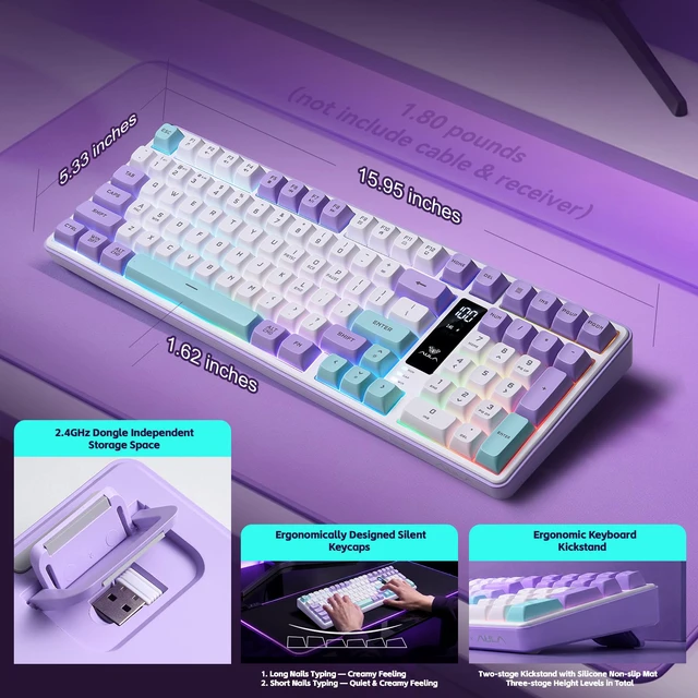 Alt view image 6 of 7 - Aula S99pro V2 Wireless Gaming Keyboard,Silent Computer Creamy Keyboard | Membrane Purple Keyboard with Number Pad,Tri-Mode Bluetooth/2.4GHz/USB-C,16.8mil RGB Backlit,Media Digital Screen,4000mAh