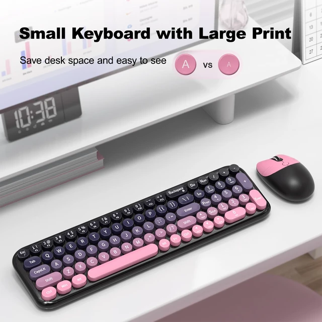 Alt view image 2 of 7 - Wireless Keyboard and Mouse Combo, Compact Small Keyboard with Large Print, 2.4GHz Retro Typewriter Keyboard, Quiet Click Mouse for PC, Laptop, Desktop, Windows (Plum Pink Gradient)