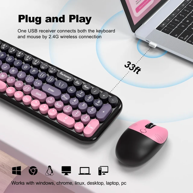 Alt view image 3 of 7 - Wireless Keyboard and Mouse Combo, Compact Small Keyboard with Large Print, 2.4GHz Retro Typewriter Keyboard, Quiet Click Mouse for PC, Laptop, Desktop, Windows (Plum Pink Gradient)