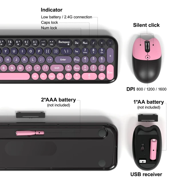Alt view image 4 of 7 - Wireless Keyboard and Mouse Combo, Compact Small Keyboard with Large Print, 2.4GHz Retro Typewriter Keyboard, Quiet Click Mouse for PC, Laptop, Desktop, Windows (Plum Pink Gradient)