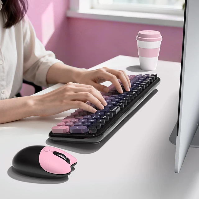 Alt view image 5 of 7 - Wireless Keyboard and Mouse Combo, Compact Small Keyboard with Large Print, 2.4GHz Retro Typewriter Keyboard, Quiet Click Mouse for PC, Laptop, Desktop, Windows (Plum Pink Gradient)