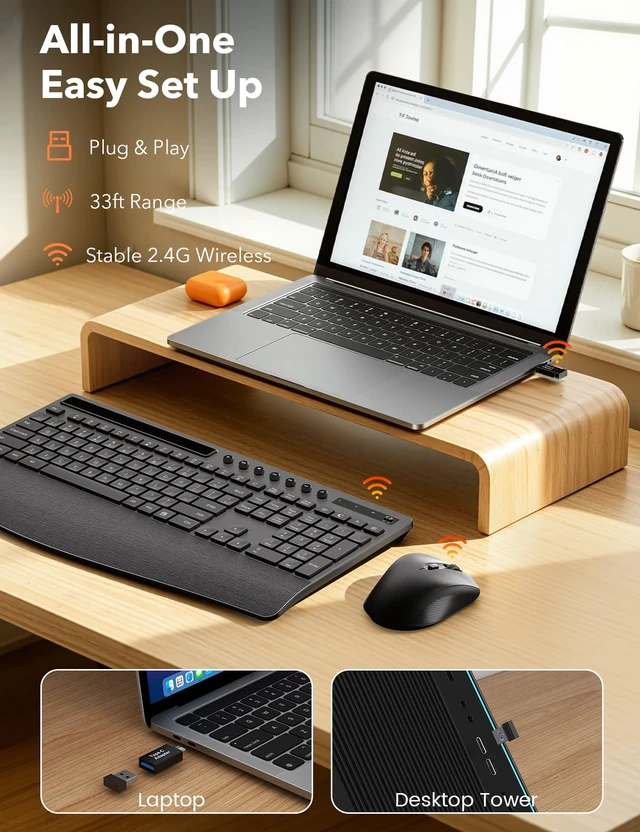 Alt view image 3 of 7 - Wireless Keyboard and Mouse Combo, Full Size with Wrist Rest, KM71 | Ergonomic, Wider Wrist Support, Sleep Mode, Silent Typing, 3 DPI Mouse, USB-C Adapter, 2.4GHz Stable for Laptop, PC