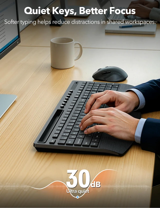 Alt view image 5 of 7 - Wireless Keyboard and Mouse Combo, Full Size with Wrist Rest, KM71 | Ergonomic, Wider Wrist Support, Sleep Mode, Silent Typing, 3 DPI Mouse, USB-C Adapter, 2.4GHz Stable for Laptop, PC