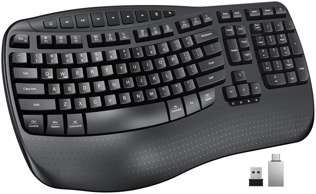 Main image of Wireless Ergonomic Keyboard with Wave Keys and Wrist Rest - Black | Firm wrist rest, 2.4G USB-A receiver, USB-C adapter included, full-size layout, compatible with Windows, Mac, PC, laptop