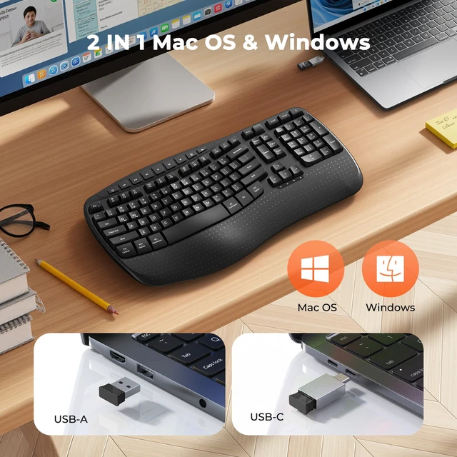 Alt view image 6 of 7 - Wireless Ergonomic Keyboard with Wave Keys and Wrist Rest - Black | Firm wrist rest, 2.4G USB-A receiver, USB-C adapter included, full-size layout, compatible with Windows, Mac, PC, laptop