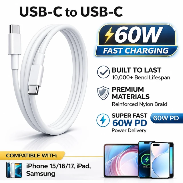 Alt view image 2 of 7 - USB-C to USB-C 60W Fast Charging Cable, 3.3 ft, Nylon Braided