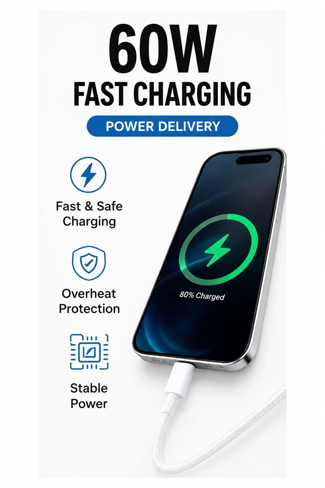 Alt view image 6 of 7 - USB-C to USB-C 60W Fast Charging Cable, 3.3 ft, Nylon Braided