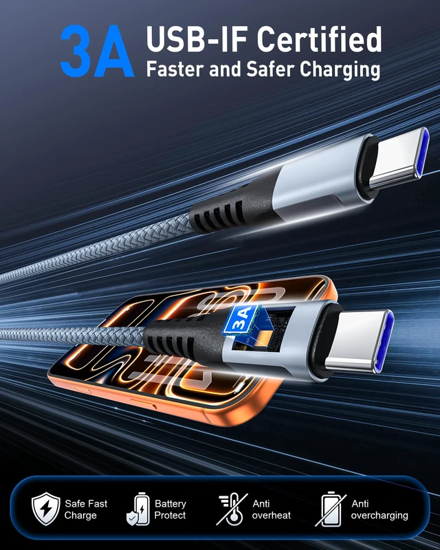 Alt view image 2 of 7 - USB C to USB C Cable 2Pack 6FT, Type C 60W Fast Charging Cord Nylon Braided | USB C Charger Cable for iPhone 17 16 15 Pro Max iPad MacBook Neo Air Pro Samsung S26 S25 Ultra Pixel