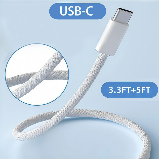 Alt view image 2 of 7 - USB C to USB C Cable(2 Pack)Type-C 60W Fast Charging Cable, Nylon Braided, for Home/Office/Travel, Compatible with iPhone 17/16/15, MacBook, Samsung, iPad, Laptop3.3ft + 5ft
