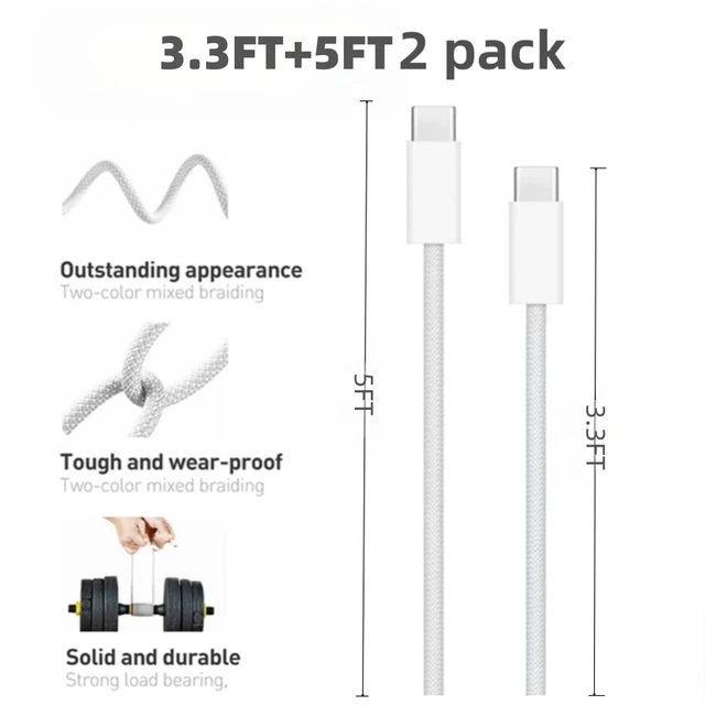 Alt view image 5 of 7 - USB C to USB C Cable(2 Pack)Type-C 60W Fast Charging Cable, Nylon Braided, for Home/Office/Travel, Compatible with iPhone 17/16/15, MacBook, Samsung, iPad, Laptop3.3ft + 5ft