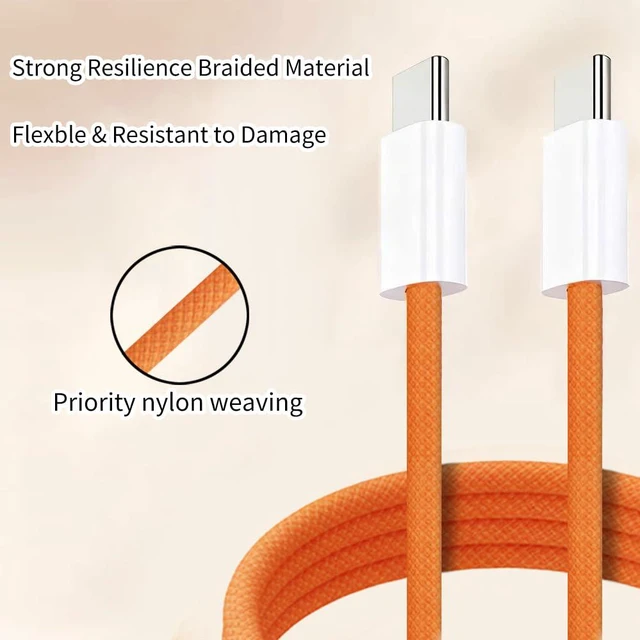 Alt view image 2 of 7 - USB C to USB C Cable 3.3ft,Type C Fast Charging Cord 2 Pack | Orange Nylon Braided 60W Cord,for iPhone 17 16 15 Pro Max/16 15 Pro/16 15,iPad Pro/Air,MacBook,2-Pack USBC Cable