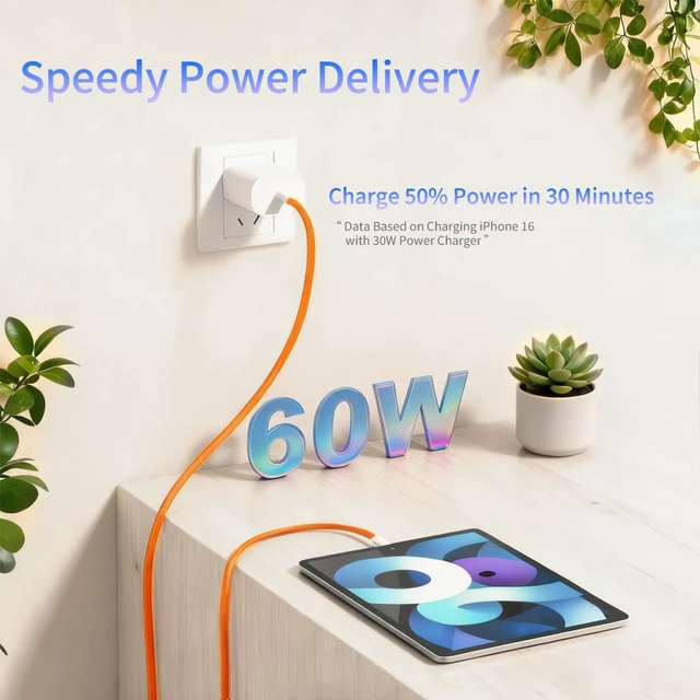 Alt view image 3 of 7 - USB C to USB C Cable 3.3ft,Type C Fast Charging Cord 2 Pack | Orange Nylon Braided 60W Cord,for iPhone 17 16 15 Pro Max/16 15 Pro/16 15,iPad Pro/Air,MacBook,2-Pack USBC Cable