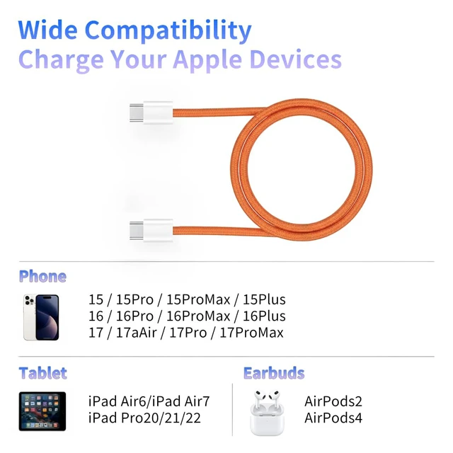 Alt view image 7 of 7 - USB C to USB C Cable 3.3ft,Type C Fast Charging Cord 2 Pack | Orange Nylon Braided 60W Cord,for iPhone 17 16 15 Pro Max/16 15 Pro/16 15,iPad Pro/Air,MacBook,2-Pack USBC Cable