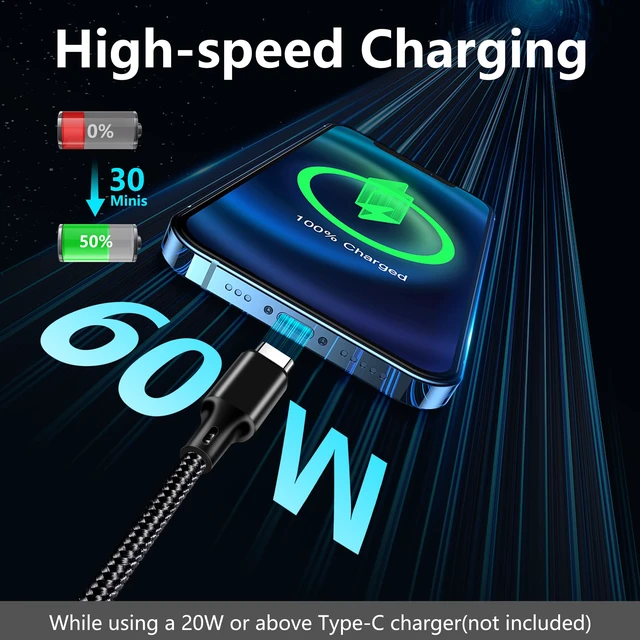 Alt view image 2 of 7 - USB C to USB C Cable 5 Pack 60W, 3/3/6/6/10ft Fast Charger Cord | Pure Copper Core, 480Mbps Data Sync, Braided Type C Charger Cable for iPhone 17/16/15 Pro Max iPad Samsung PS5 CarPlay, Black