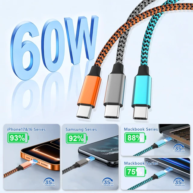 Alt view image 2 of 7 - USB C to USB C Cable Fast Charging Nylon Braided 60w 3PACK 6FT | C to C Charger Cord Compatible for iPhone 17 16 15 Pro Max Plus,MacBook Pro/Air,Samsung Galaxy S25 Ultra S24,iPad Pro,Pixel