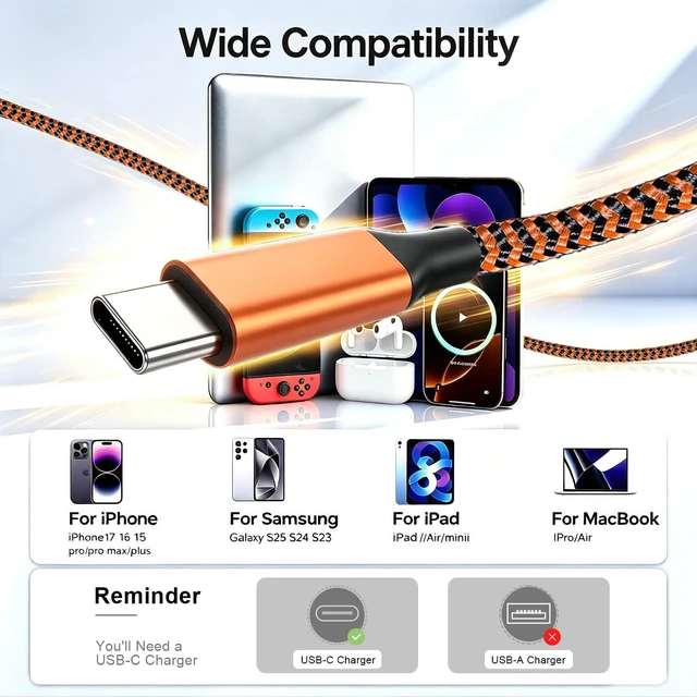 Alt view image 4 of 7 - USB C to USB C Cable Fast Charging Nylon Braided 60w 3PACK 6FT | C to C Charger Cord Compatible for iPhone 17 16 15 Pro Max Plus,MacBook Pro/Air,Samsung Galaxy S25 Ultra S24,iPad Pro,Pixel